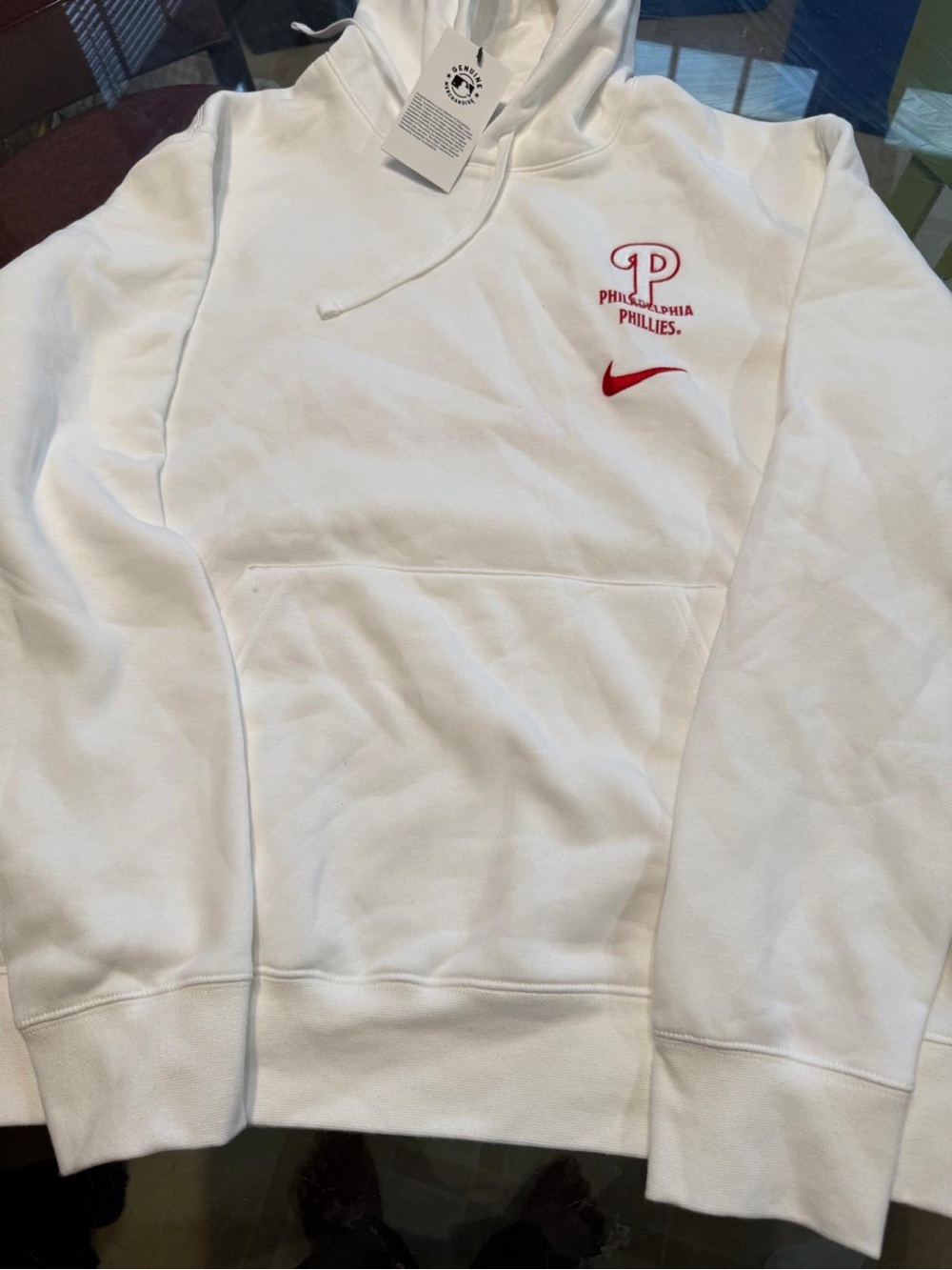 Nike White Crewneck Hoodie with Red Phillies Logo - Men
